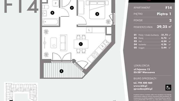 Rzut - Mieszkanie na sprzedaż 2 pokoje o powierzchni 39,25 m² - numer F14 w Livo