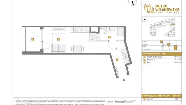 Rzut - Mieszkanie na sprzedaż 1 pokój o powierzchni 28,92 m² - numer 177 w Apartamenty Metro Wilanowska