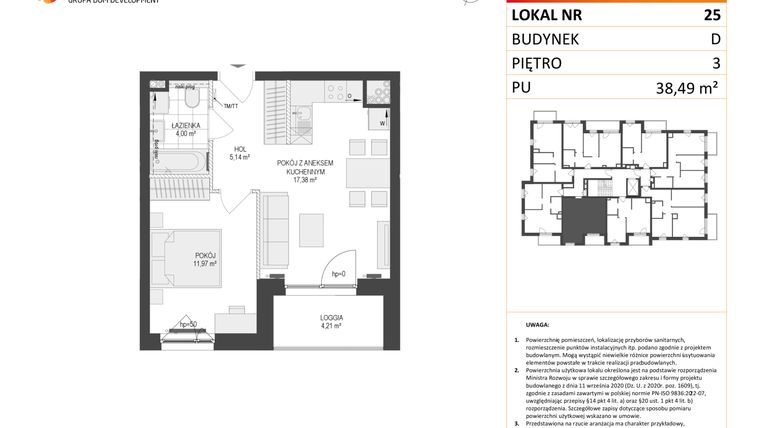 Rzut - Mieszkanie na sprzedaż 2 pokoje o powierzchni 38,49 m² - numer D.25 w Osiedle Warszawska etap II