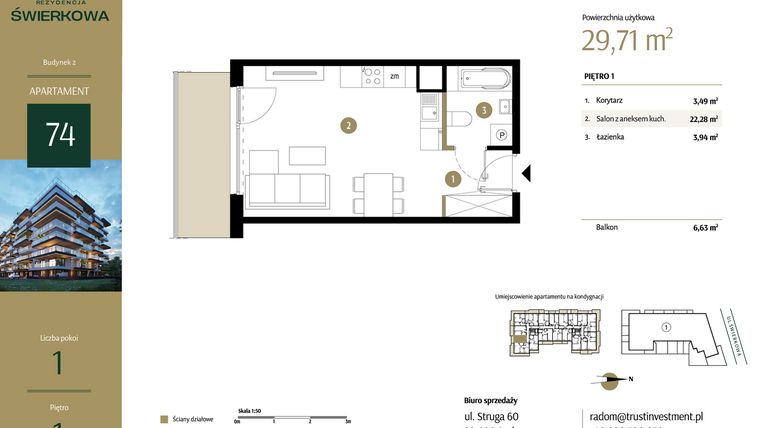 Rzut - Mieszkanie na sprzedaż 1 pokój o powierzchni 29,71 m² - numer M.74 w Rezydencja Świerkowa - etap II
