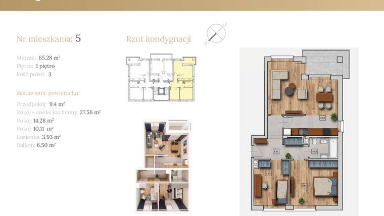 Rzut - Mieszkanie na sprzedaż 3 pokoje o powierzchni 65,28 m² - numer 51C.M5 w Dębowa 51