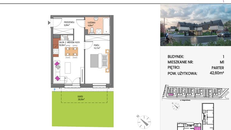 Rzut - Mieszkanie na sprzedaż 2 pokoje o powierzchni 42,6 m² - numer Bud.1-1 w Willa Magnolia