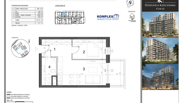 Rzut - Mieszkanie na sprzedaż 2 pokoje o powierzchni 37,15 m² - numer M17 w Dzielnica Kielczanka etap III
