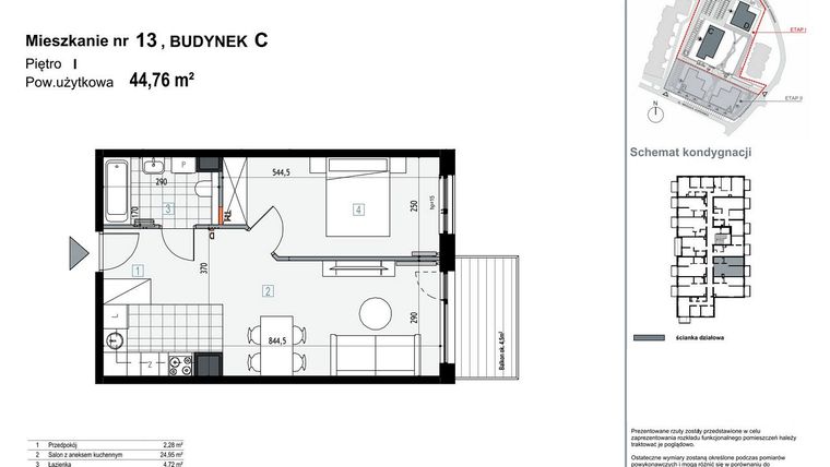 Rzut - Mieszkanie na sprzedaż 2 pokoje o powierzchni 44,76 m² - numer C13 w Apartamenty Kopernika