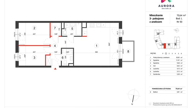 Rzut - Mieszkanie na sprzedaż 3 pokoje o powierzchni 70,64 m² - numer L-50 w Osiedle Aurora - bud. L