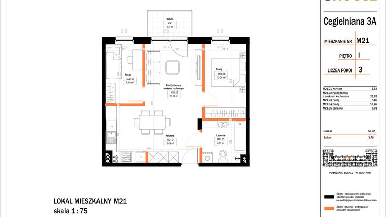 Rzut - Mieszkanie na sprzedaż 3 pokoje o powierzchni 52,92 m² - numer 21 w Osiedle StaLove etap II