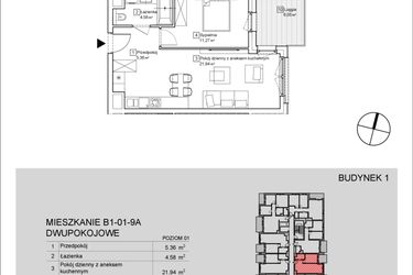 Rzut - Mieszkanie na sprzedaż 2 pokoje o powierzchni 43,09 m² - numer B1-01-9A w Nowa Francuska