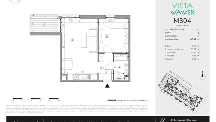 Rzut - Mieszkanie na sprzedaż 2 pokoje o powierzchni 47,44 m² - numer M304 w Vista Wawer