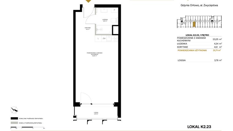 Rzut - Mieszkanie na sprzedaż 1 pokój o powierzchni 31,71 m² - numer K2.23 w Orłowo Square - Apartamenty inwestycyjne