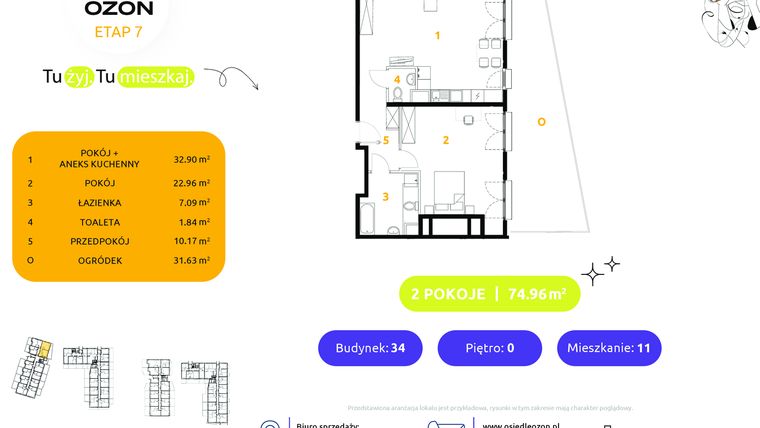 Rzut - Mieszkanie na sprzedaż 2 pokoje o powierzchni 74,96 m² - numer 34.11 w Osiedle Ozon etap VII
