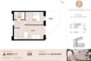 Rzut - Mieszkanie na sprzedaż 2 pokoje o powierzchni 35,2 m² - numer 13 w Szczecińska 20