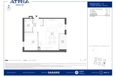 Rzut - Mieszkanie na sprzedaż 2 pokoje o powierzchni 47,74 m² - numer 1.1.3 w Atria Nowe Żerniki