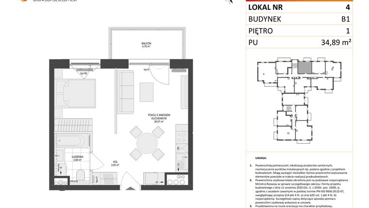 Rzut - Mieszkanie na sprzedaż 1 pokój o powierzchni 34,89 m² - numer 4 w Locus 2