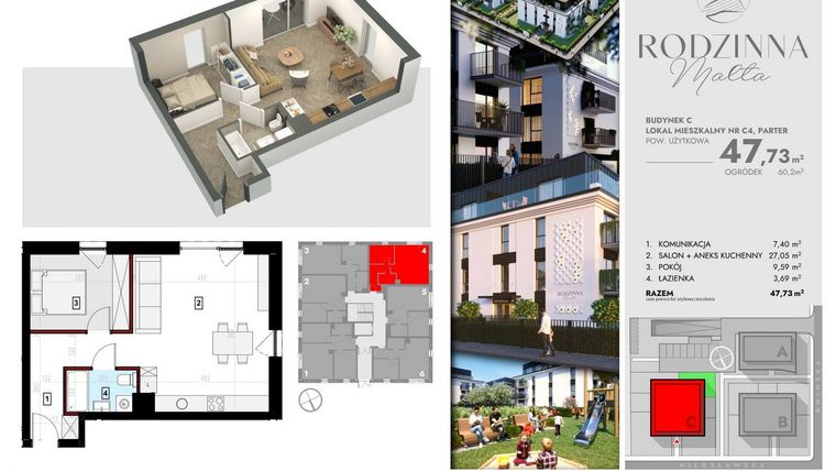 Rzut - Mieszkanie na sprzedaż 2 pokoje o powierzchni 47,71 m² - numer C4 w Rodzinna Malta