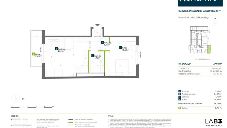 Rzut - Mieszkanie na sprzedaż 2 pokoje o powierzchni 51,73 m² - numer AA0110 w Vilda Arte