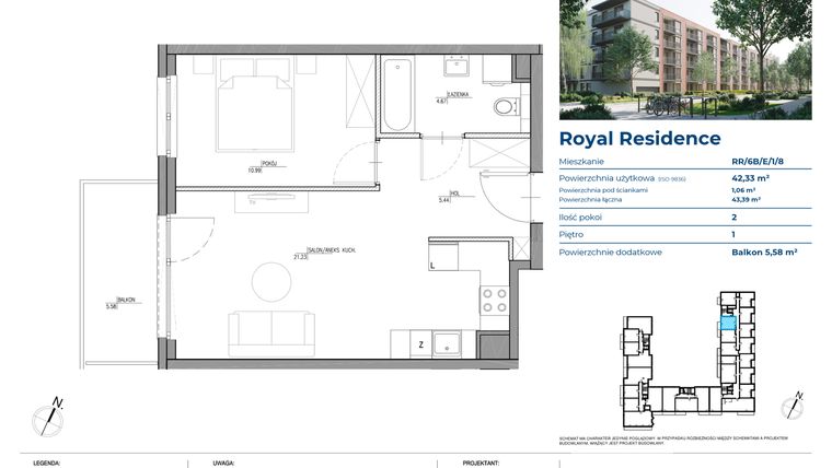 Rzut - Mieszkanie na sprzedaż 2 pokoje o powierzchni 42,33 m² - numer RR/6B/E/1/8 w Royal Residence 6B