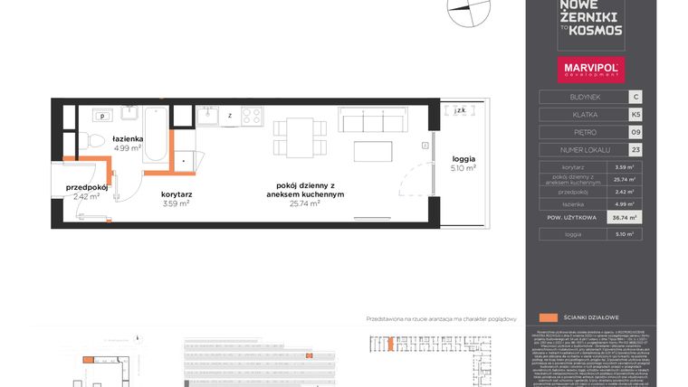 Rzut - Mieszkanie na sprzedaż 1 pokój o powierzchni 36,74 m² - numer C-09-23-K5 w Nowe Żerniki to KOSMOS