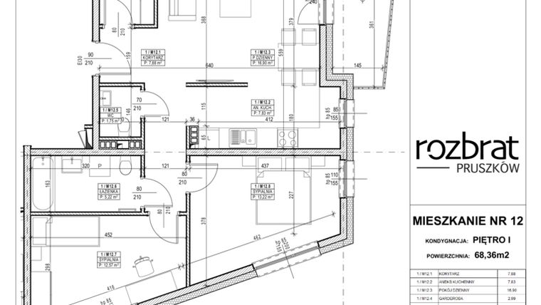 Rzut - Mieszkanie na sprzedaż 3 pokoje o powierzchni 68,36 m² - numer 12 w Rozbrat