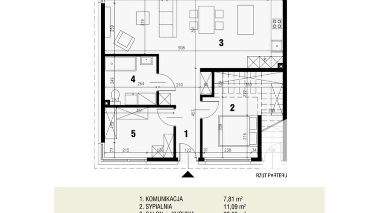 Rzut - Mieszkanie na sprzedaż 3 pokoje o powierzchni 67,11 m² - numer 3.1 w Gryczana 23