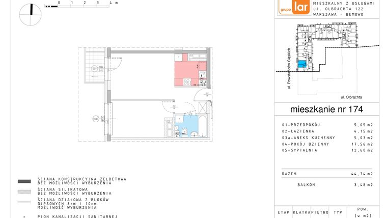Rzut - Mieszkanie na sprzedaż 2 pokoje o powierzchni 44,74 m² - numer M174 w Bliskie Bemowo etap II