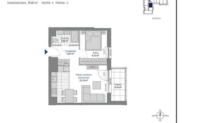 Rzut - Mieszkanie na sprzedaż 2 pokoje o powierzchni 39,83 m² - numer E.5.1 w Nowa Dąbrowa bud. DE