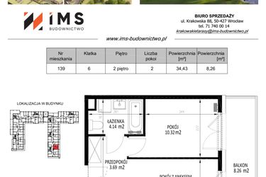 Rzut - Mieszkanie na sprzedaż 2 pokoje o powierzchni 34,49 m² - numer 139 w Krakowskie Tarasy etap V