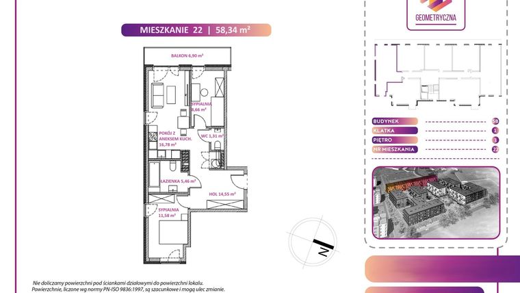 Rzut - Mieszkanie na sprzedaż 3 pokoje o powierzchni 58,34 m² - numer 22B w Geometryczna 5 - etap 3 - klatka I