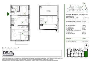 Rzut - Mieszkanie na sprzedaż 2 pokoje o powierzchni 74,32 m² - numer A.3.29 w Ogrody Centrum 2