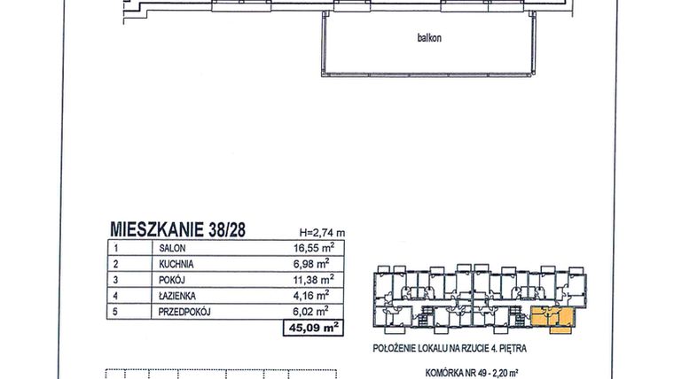 Rzut - Mieszkanie na sprzedaż 2 pokoje o powierzchni 45,09 m² - numer 38/28 w Osiedle Jodłowa bud. D