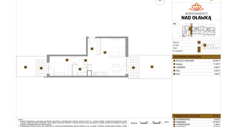 Rzut - Mieszkanie na sprzedaż 2 pokoje o powierzchni 50,19 m² - numer 57 w Apartamenty nad Oławką etap II