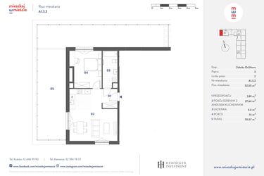 Rzut - Mieszkanie na sprzedaż 2 pokoje o powierzchni 52,05 m² - numer A1.3.3 w Mieszkaj w mieście Załęska od Nowa