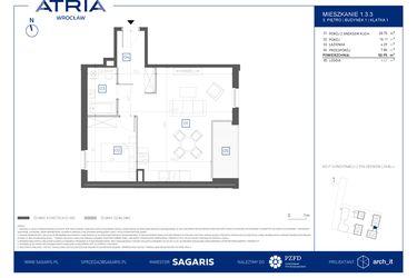 Rzut - Mieszkanie na sprzedaż 2 pokoje o powierzchni 50,95 m² - numer 1.3.3 w Atria Nowe Żerniki