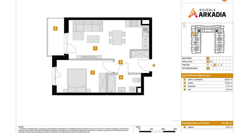 Rzut - Mieszkanie na sprzedaż 2 pokoje o powierzchni 41,09 m² - numer B1.28 w Osiedle Arkadia etap 2