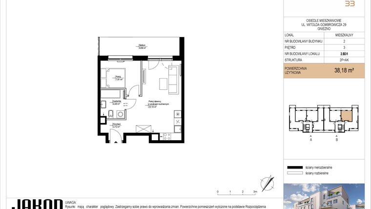 Rzut - Mieszkanie na sprzedaż 2 pokoje o powierzchni 38,18 m² - numer 2.B31 w Gombrowicza 33 - etap II