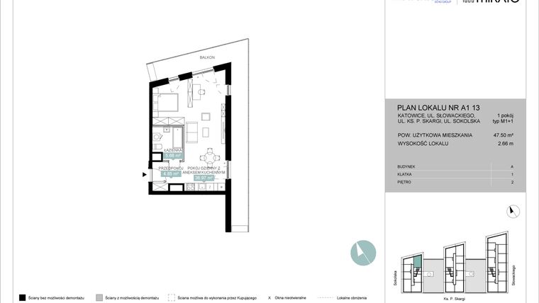 Rzut - Mieszkanie na sprzedaż 1 pokój o powierzchni 47,54 m² - numer A1 13 w Mikato