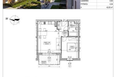 Rzut - Mieszkanie na sprzedaż 2 pokoje o powierzchni 42,83 m² - numer M.B7.02.18 w Osiedle Harmonia bud. B7