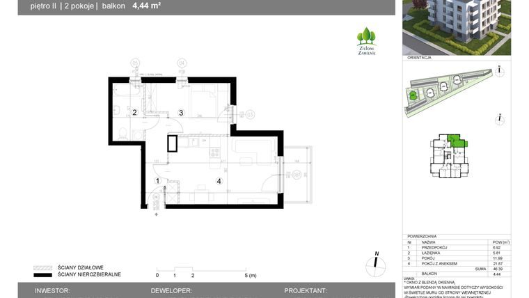 Rzut - Mieszkanie na sprzedaż 2 pokoje o powierzchni 46,39 m² - numer 13G.15 w Zielone Zamienie X