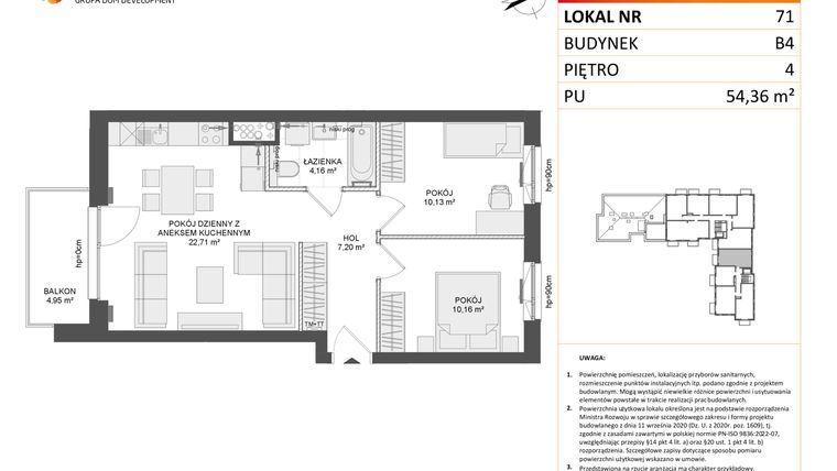 Rzut - Mieszkanie na sprzedaż 3 pokoje o powierzchni 54,36 m² - numer B4.71 w Osiedle Przy Błoniach 3 etap III