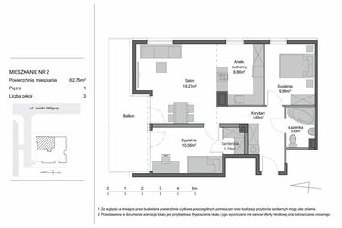 Rzut - Mieszkanie na sprzedaż 3 pokoje o powierzchni 62,75 m² - numer 2 w Żwirki i Wigury 43