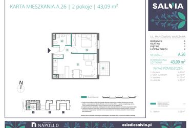 Rzut - Mieszkanie na sprzedaż 2 pokoje o powierzchni 43,09 m² - numer A.26 w Osiedle Salvia