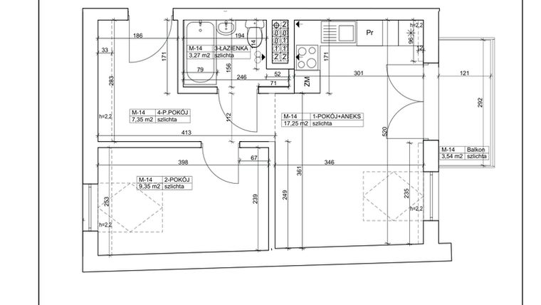 Rzut - Mieszkanie na sprzedaż 2 pokoje o powierzchni 37,22 m² - numer 14 w Bydgoska 19