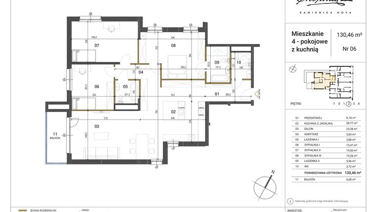 Rzut - Mieszkanie na sprzedaż 4 pokoje o powierzchni 130,46 m² - numer 6 w Kamienica Nova Chopina 22