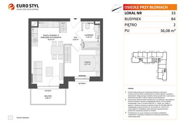 Rzut - Mieszkanie na sprzedaż 2 pokoje o powierzchni 36,08 m² - numer B4.33 w Osiedle Przy Błoniach 3 etap III