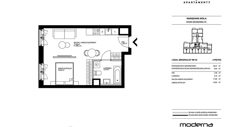 Rzut - Mieszkanie na sprzedaż 2 pokoje o powierzchni 34,57 m² - numer 54 w Chronos