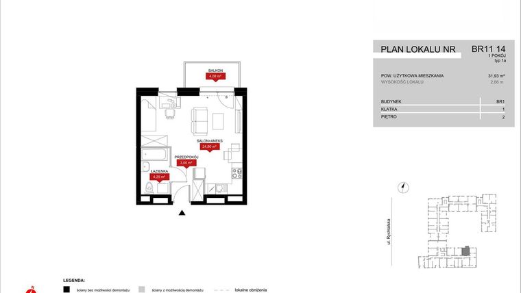 Rzut - Mieszkanie na sprzedaż 1 pokój o powierzchni 32,09 m² - numer BR11/14 w Browary Wrocławskie 2