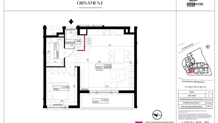 Rzut - Mieszkanie na sprzedaż 2 pokoje o powierzchni 50,1 m² - numer 40 w Ornament