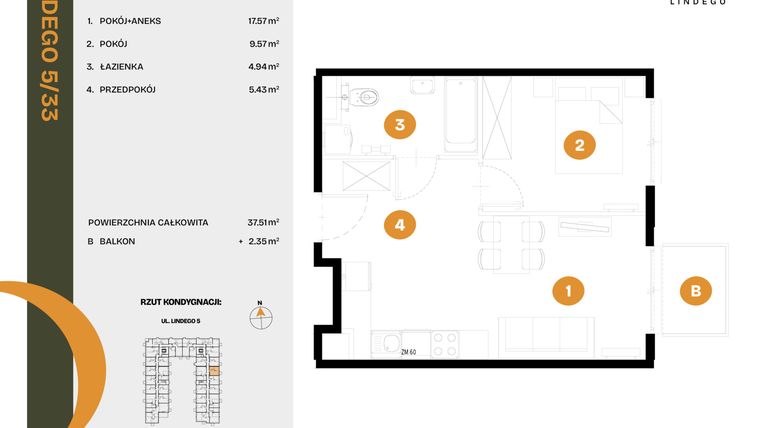 Rzut - Mieszkanie na sprzedaż 2 pokoje o powierzchni 37,51 m² - numer 33 w CLOU LINDEGO