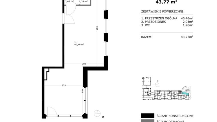 Rzut - Lokal użytkowy na sprzedaż 1 pokój o powierzchni 43 m² - numer U1 w Wólczańska 188