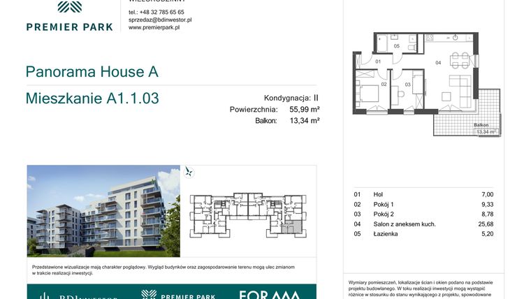 Rzut - Mieszkanie na sprzedaż 3 pokoje o powierzchni 55,99 m² - numer A1.1.03 w Premier Park II
