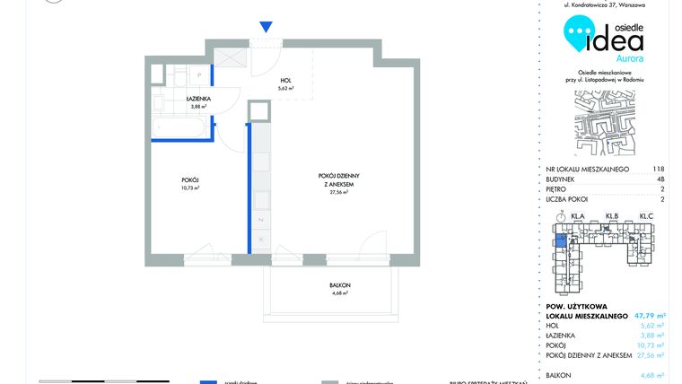 Rzut - Mieszkanie na sprzedaż 2 pokoje o powierzchni 47,8 m² - numer 118.4B w Osiedle Idea Aurora